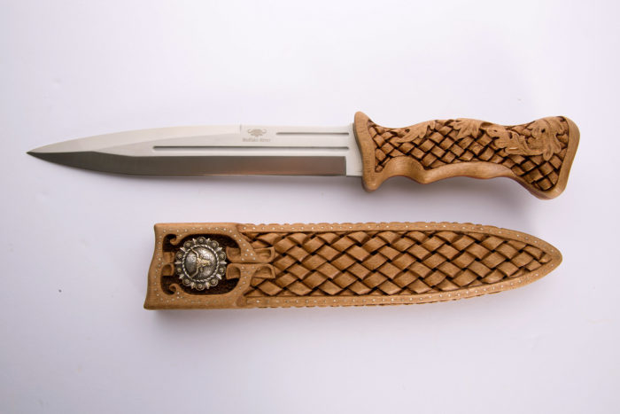 Custom made and carved knife handle and sheath (open view)