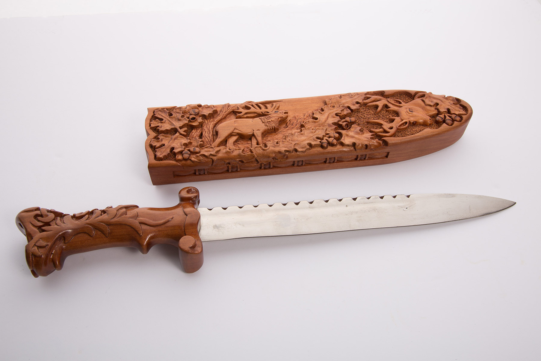 Custom made and carved knife handle and sheath (open view)